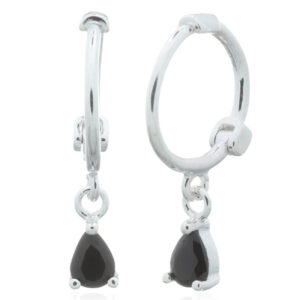 A pair of teardrop black cz 925 silver huggie hoop earrings