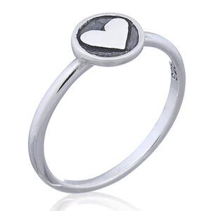 A half round silver ring with heart disc