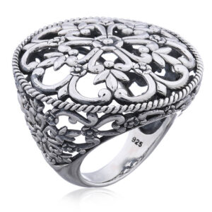 A floral openwork statement silver ring