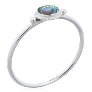 An abalone shell round silver bordered round ring