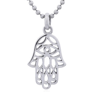 A silver hamsa hand pendant open evil eye