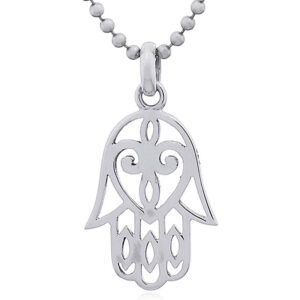 A larger silver hamsa with heart pendant