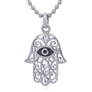 A silver hamsa hand evil eye pendant