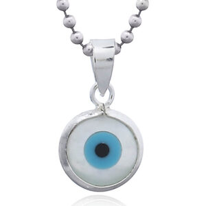 A evil eye in mother of pearl shell rounded silver pendant