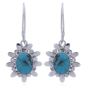 A pair of oval turquoise gemstones silver earrings petals surround