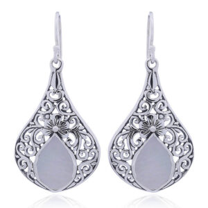 A pair of dashing mother of pearl dangle earrings with floral antiqued design