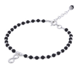 A infinity bracelet faceted black agate and round silver beads