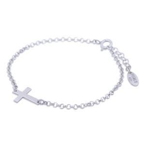 A plain silver sideways cross charm bracelet rolo chain