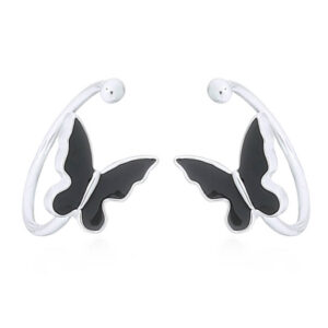 A pair of black enamel butterfly 925 silver ear cuff earrings