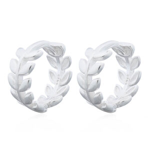 A pair of leafy rounded circle huggie silver hoop earrings