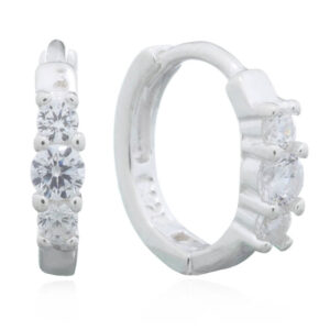 A pair of triplet floral white cz on silver hoop huggie earrings