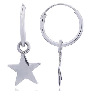 A pair of sterling silver polished star mini hoop earrings