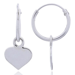 A pair of heart charm hoop earrings in sterling silver