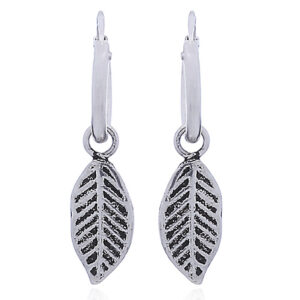 A pair of antiqued leaf charm hoop earrings in sterling silver