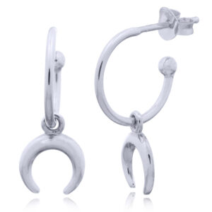 A pair of crescent moon hanging 925 silver hook stud earrings rhodium plated