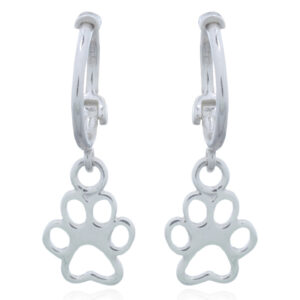 A pair of doggy paw print charm silver huggie hoop earrings