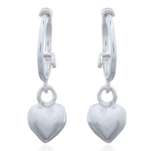 A pair of little heart charm sterling silver huggie hoop earrings