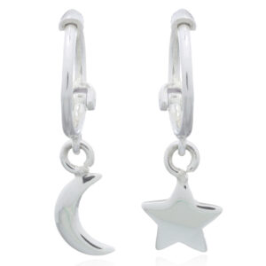 A pair of moon and star charms sterling silver huggie hoop earrings