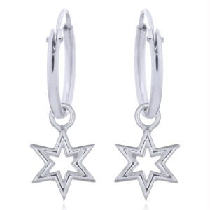 A pair of shiny star charm on mini silver hoop earrings