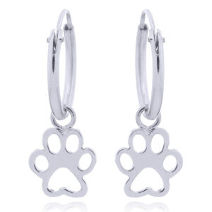 A pair of mini doggy paw print charm silver hoop earrings