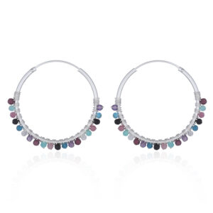 A pair of faceted mixed stones sterling silver hoop earrings