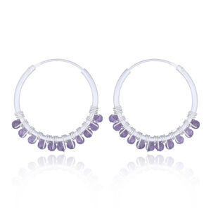 A pair of sterling silver amethyst hoop earrings