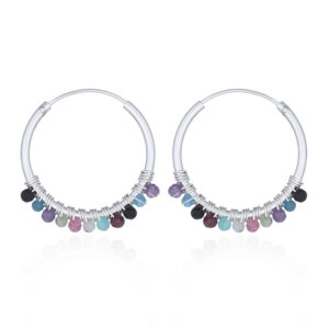 A pair of sterling silver mixed stones hoop earrings