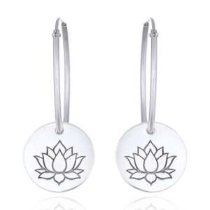A pair of lotus charm on sterling silver wire hoop earrings
