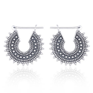 A pair of antiqued bali round curve silver oxidized hoop earrings