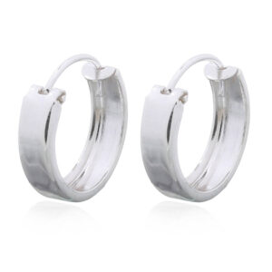 A pair of thin silver flat band medium hoop earrings