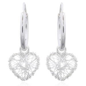 A pair of wire wrapped little heart silver hoop earrings