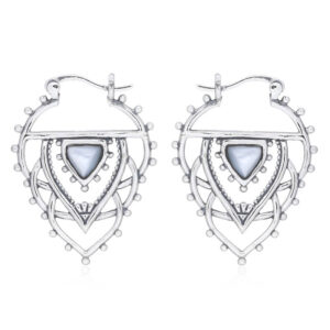 A pair of loyal silver petal hoop earrings with mother of pearl