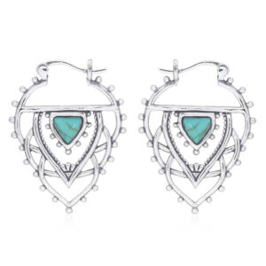 A pair of loyal silver petal hoop earrings with constituted green stone