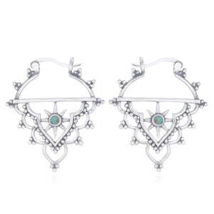 A pair of star focus antique silver hoop earrings with green constituted stone