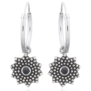 A pair of synthetic black agate sunflower silver hoop earrings