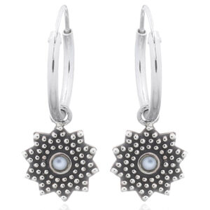 A pair of mother of pearl sunflower silver hoop earrings