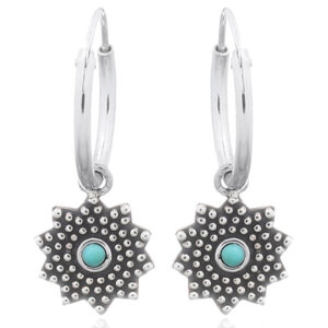 A pair of synthetic turquoise sunflower silver hoop earrings