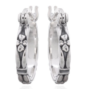 A pair of antiqued floral design 925 silver hoop earrings