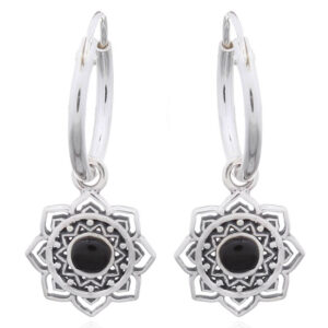 A pair of 925 silver endearing mandala flower with black stone earrings