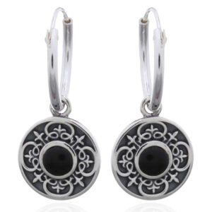 A pair of tribal celtic cross with black stone 925 silver hoop earrings