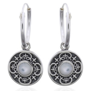 A pair of tribal celtic cross with mother of pearl 925 silver hoop earrings