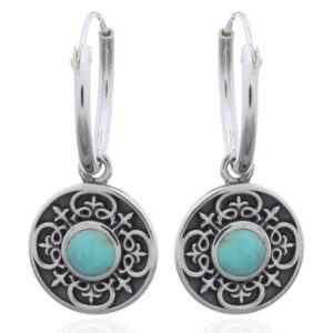 A pair of tribal celtic cross with green stone 925 silver hoop earrings
