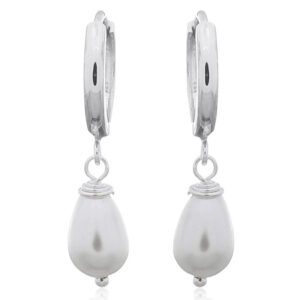 A pair of huggie freshwater pearl drop sterling silver earrings