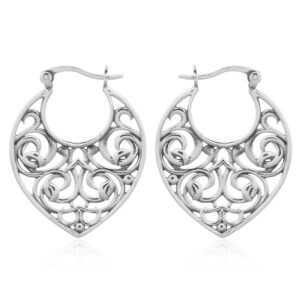 A pair of ornamented tribal leaf 925 silver hoop earrings