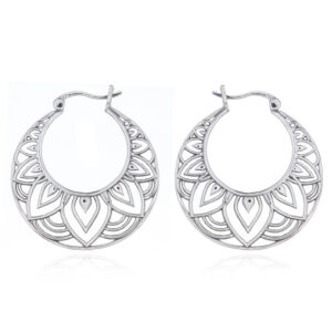 A pair of floral mandala style 925 silver hoop earrings