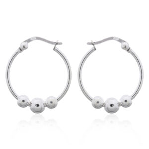 A pair of sterling silver polished beaded hoop earrings