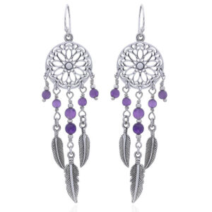 A pair of silver and amethyst dream catcher earrings
