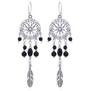 A pair of silver and black agate dream catcher earrings