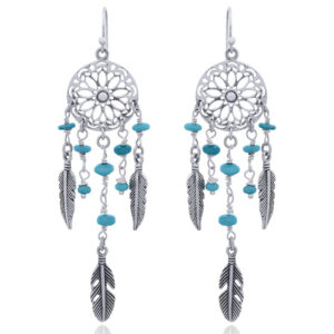 A pair of silver and turquoise dream catcher earrings