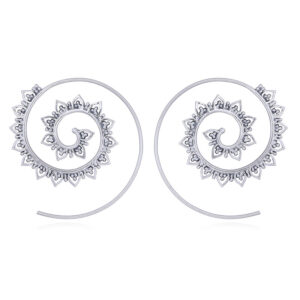 A pair of silver spiral earrings row of tiny open petals